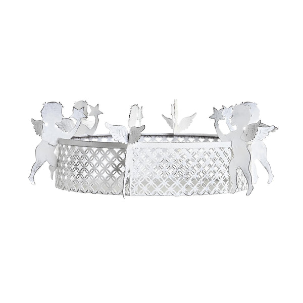 Centro de mesa decorativo blanco con ángeles metálicos y estrellas