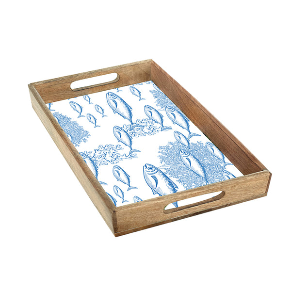 Bandeja de madera con estampado de peces azules