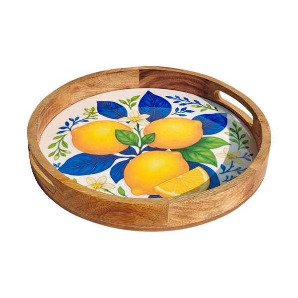 Bandeja redonda de madera de mango esmaltada con diseño de limones y hojas azules.