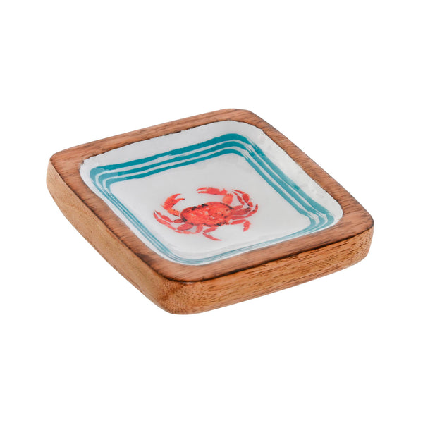 bandeja vaciabolsillos de madera con ilustración de cangrejo rojo y borde turquesa - vista superior diagonal
