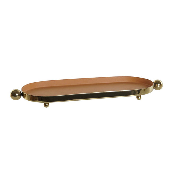 Bandeja decorativa metálica dorada con base terracota