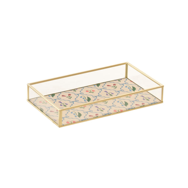 Bandeja decorativa de cristal y latón dorado con estampado floral vintage.