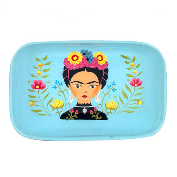 Bandeja decorativa de metal azul cielo con ilustración inspirada en Frida Kahlo y flores coloridas