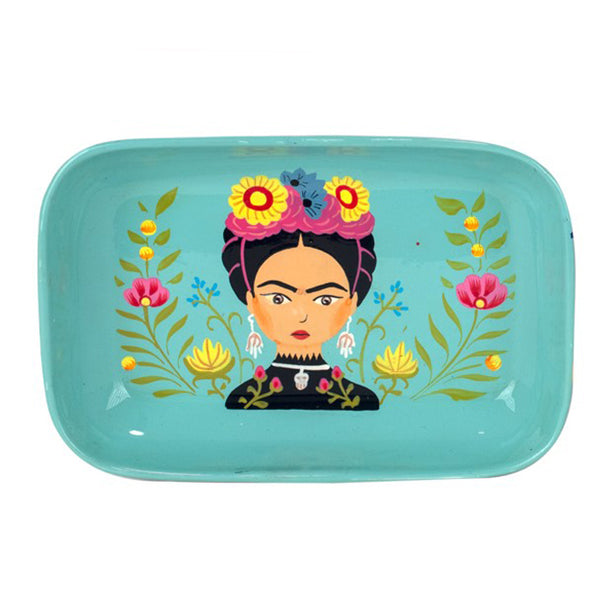 Bandeja decorativa rectangular turquesa de metal con ilustración de Frida Kahlo y flores folk mexicanas