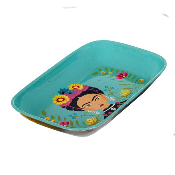Bandeja de metal esmaltado en color turquesa con diseño pop folk mexicano inspirado en Frida