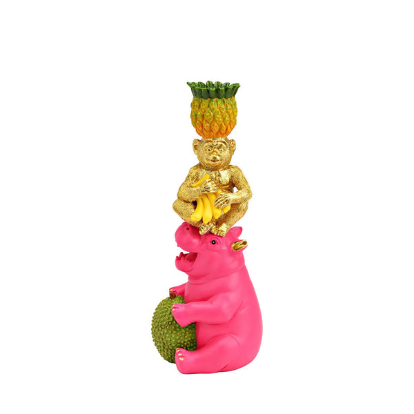 Candelabro original mono dorado sobre hipopótamo rosa con piña
