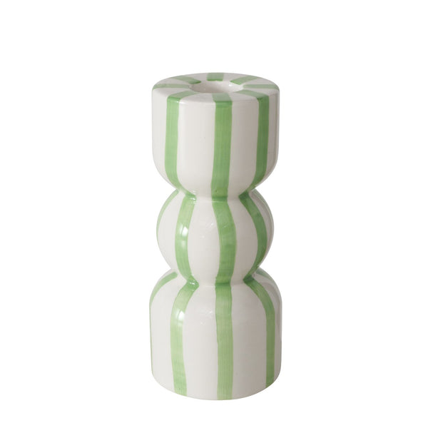 Candelabro cerámico blanco con rayas verdes y vela blanca