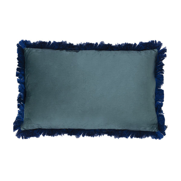 cojín rectangular de poliéster efecto terciopelo azul con flecos