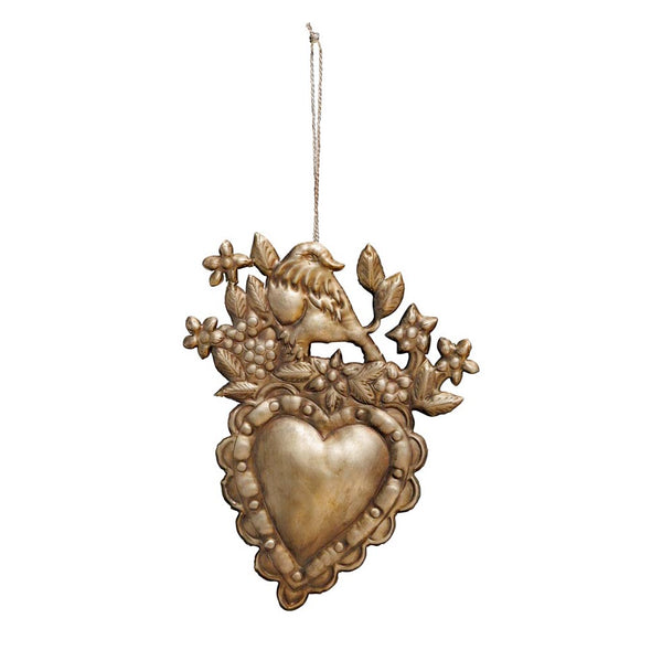 Corazón Ex voto con pájaro dorado - Brocantia
