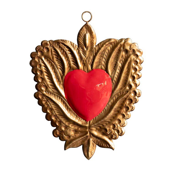 Corazón Ex voto rojo y dorado con hojas - Brocantia