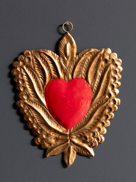Corazón Ex voto rojo y dorado con hojas - Brocantia