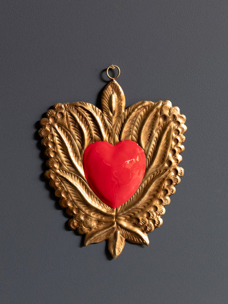 Corazón Ex voto rojo y dorado con hojas - Brocantia