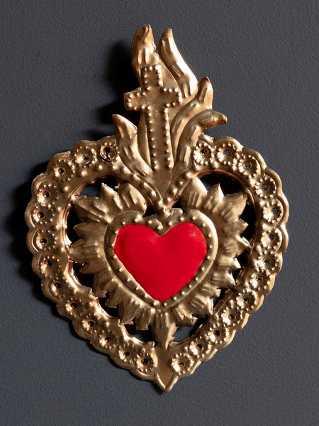 Corazón Ex Voto Corazón con cruz y flores rojo Brocantia