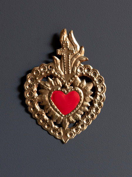 Corazón Ex Voto Corazón con cruz y flores rojo Brocantia
