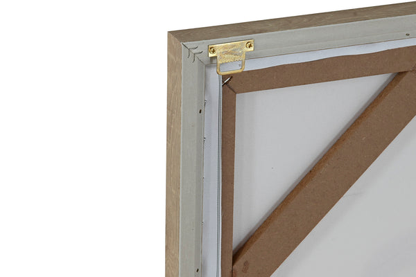 Parte trasera del cuadro sobre lienzo con estructura de madera y sistema para colgar.