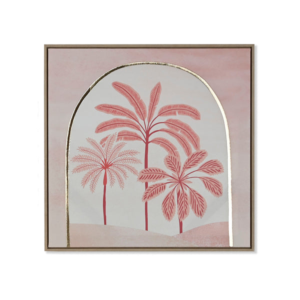Cuadro tropical con palmeras rosa sobre lienzo y marco de madera de 60 x 60 cm.