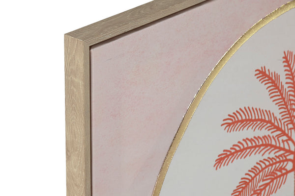 Primer plano del marco de madera y lienzo con ilustración de palmeras en tonos rosa.