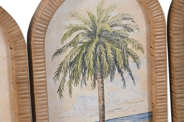 Primer plano de la ilustración de palmera tropical en cuadro vintage costero
