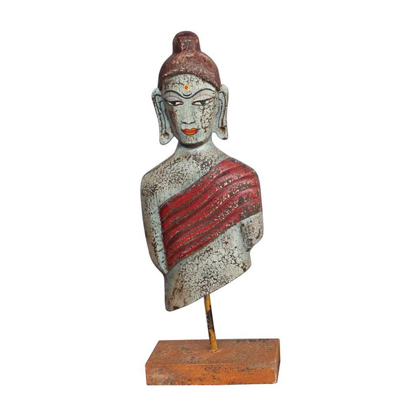 figura decorativa buda madera de mango azul con base de metal oxidado – brocantia tienda decoración oviedo