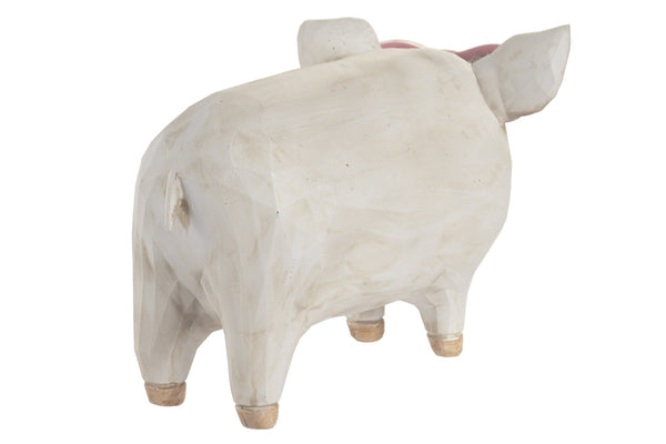Vista trasera de figura decorativa de cerdo de resina.
