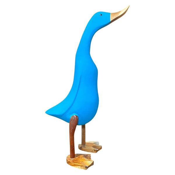 Figura pato grande azul de madera de teca reciclada con pico dorado y patas de madera
