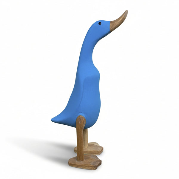 Figura de pato azul decorativa de madera