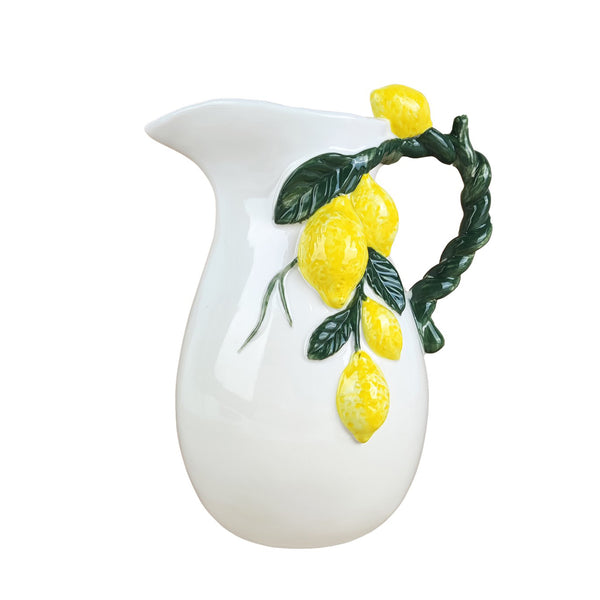 Jarra de porcelana blanca con limones en relieve y asa decorativa de hojas verdes de 1200 ml.