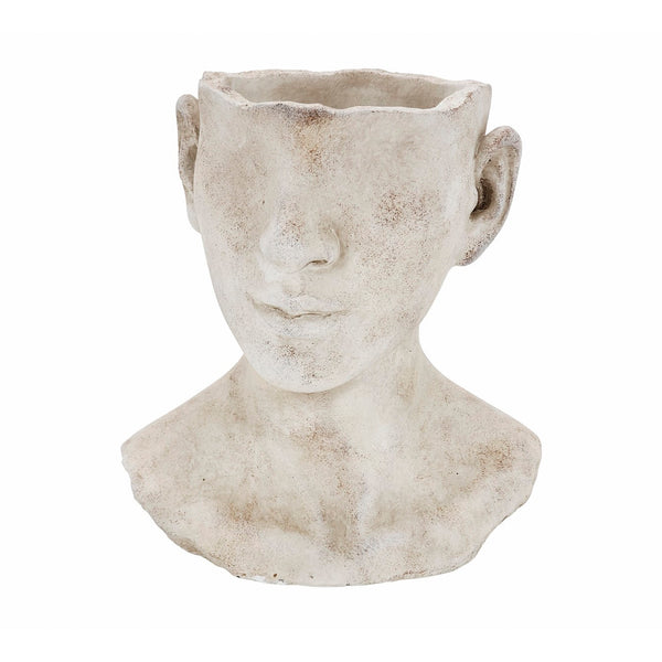 Vaso em forma de busto feminino, feito em cimento.