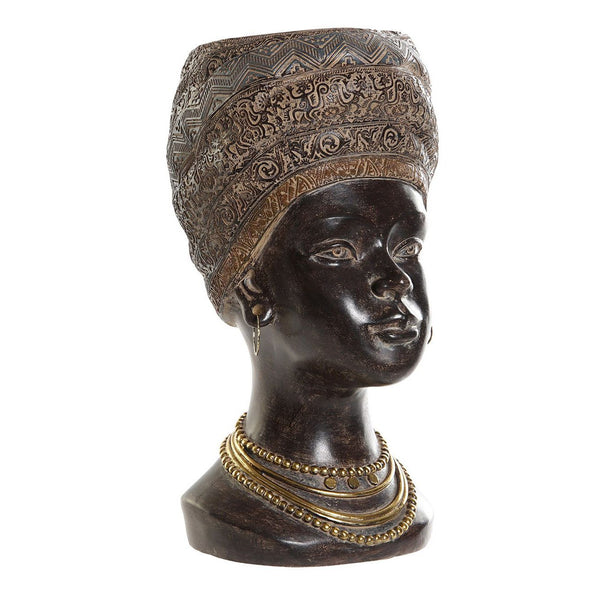 Jarrón decorativo de resina con busto femenino y tocado ornamental.