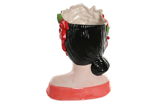 Vista trasera del jarrón decorativo con busto femenino y peinado lateral.