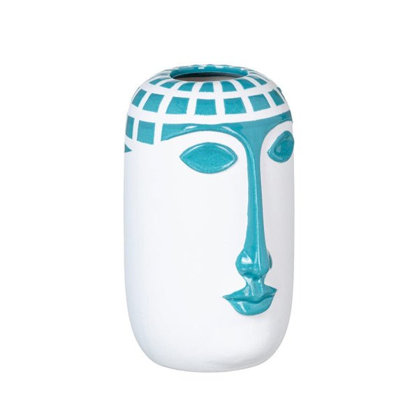Vaso médio azul e branco com formato de rosto
