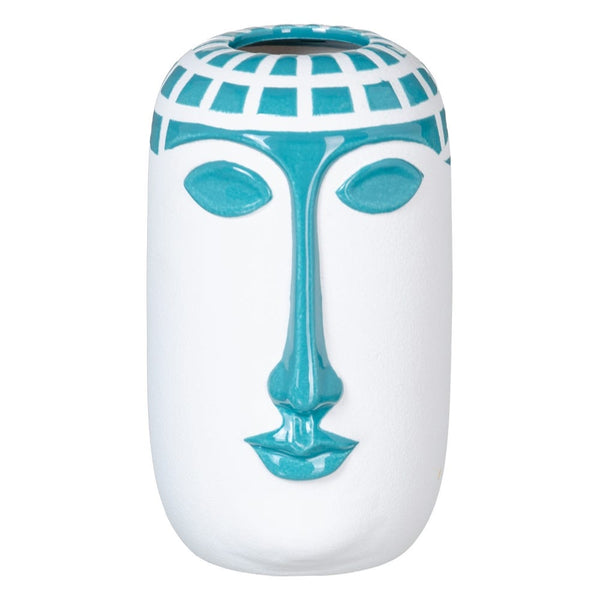 Vaso médio azul e branco com formato de rosto