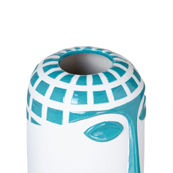 Vaso médio azul e branco com formato de rosto