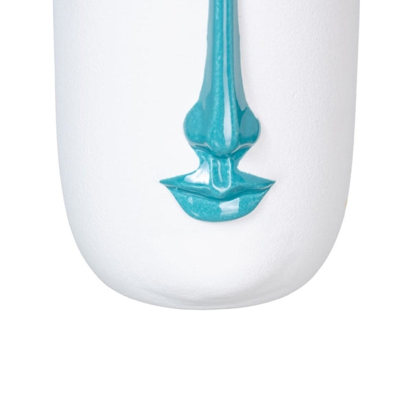 Vaso médio azul e branco com formato de rosto