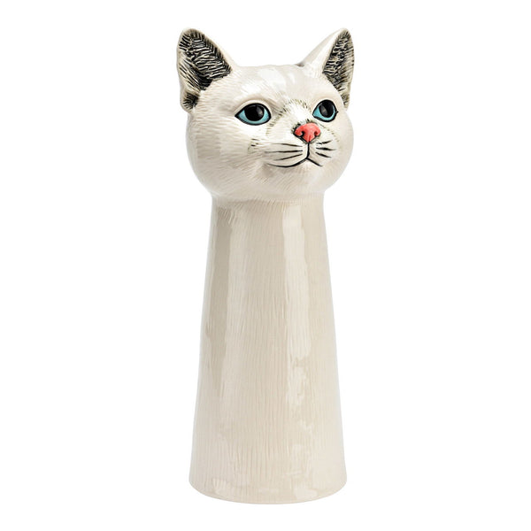 Jarrón gato blanco de cerámica con ojos azul verdoso y nariz rosa visto de frente