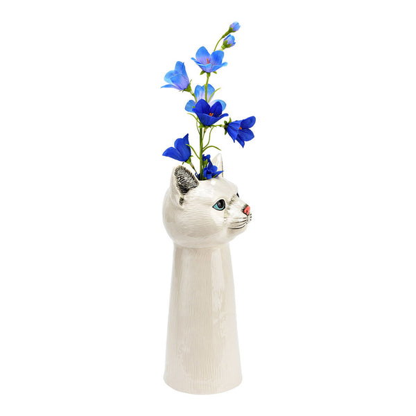 Jarrón decorativo con forma de gato blanco de cerámica con flores azules