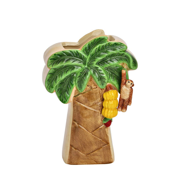 Jarrón de cerámica con forma de palmera y perezoso decorativo.
