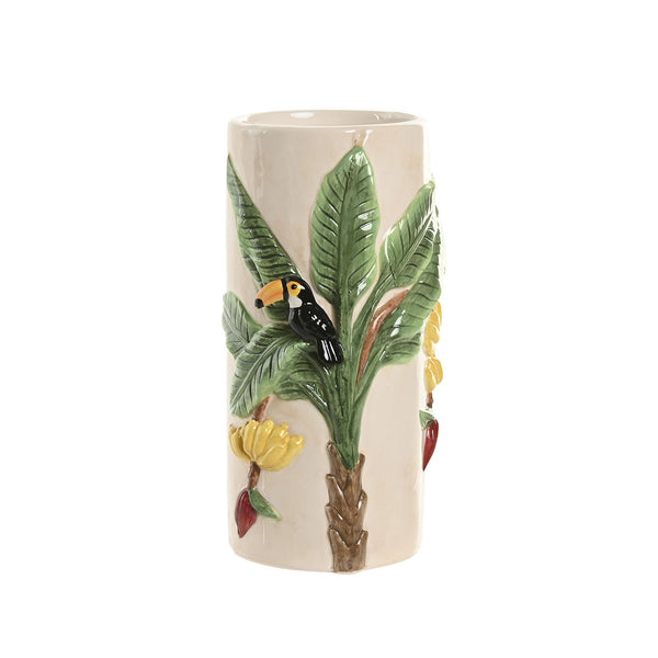 Jarrón cerámico tropical con tucán y hojas en relieve