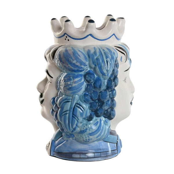 Vista trasera del jarrón doble de cerámica estilo siciliano con relieve decorativo azul.