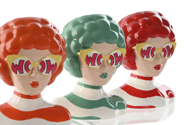 Conjunto de jarrones pop art en forma de busto femenino con gafas WOW en colores naranja, verde y rojo