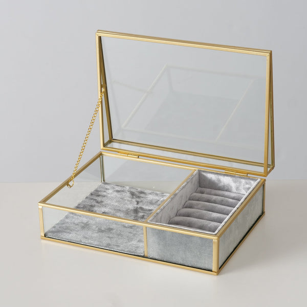 Caixa de jóias, cristal, metal e tecido cinzento.