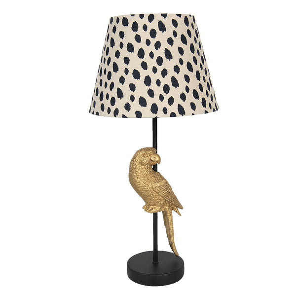 Lámpara de mesa con loro dorado y pantalla animal print