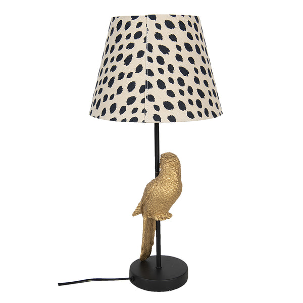 Parte trasera lámpara de mesa con loro dorado y pantalla animal print