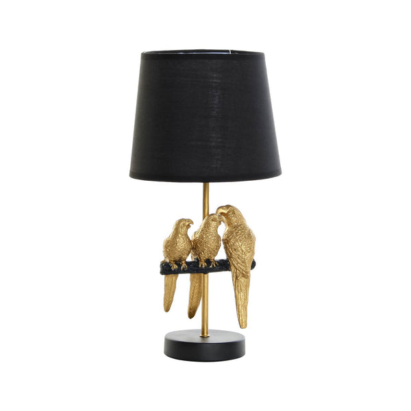 Lámpara decorativa con loros dorados y pantalla negra