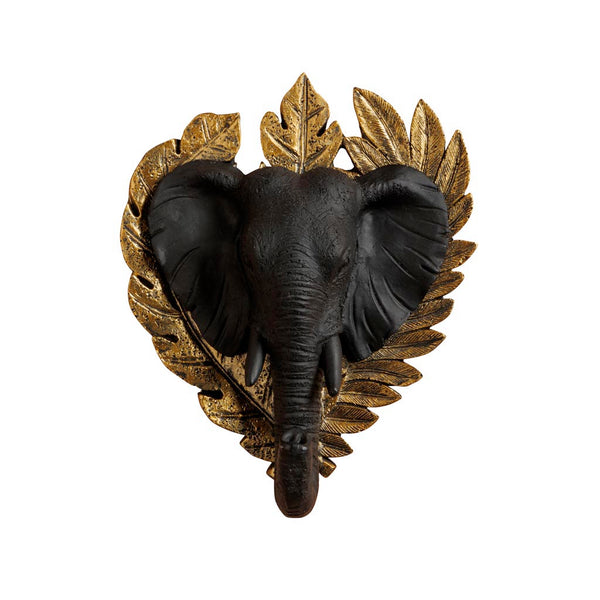 Colgador de pared con cabeza de elefante y hojas doradas