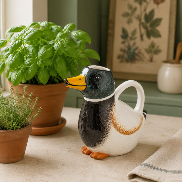 Regadera con forma de pato sobre encimera junto a plantas aromáticas