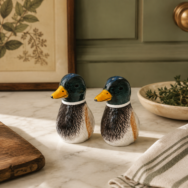 Pareja de salpimenteros patos sobre encimera de cocina de estilo clásico