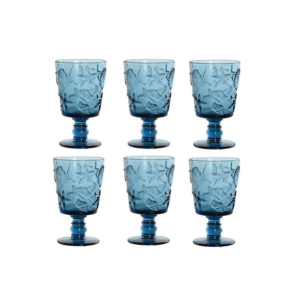 Juego de seis copas de cristal azul con relieve de estrellas de mar y conchas.