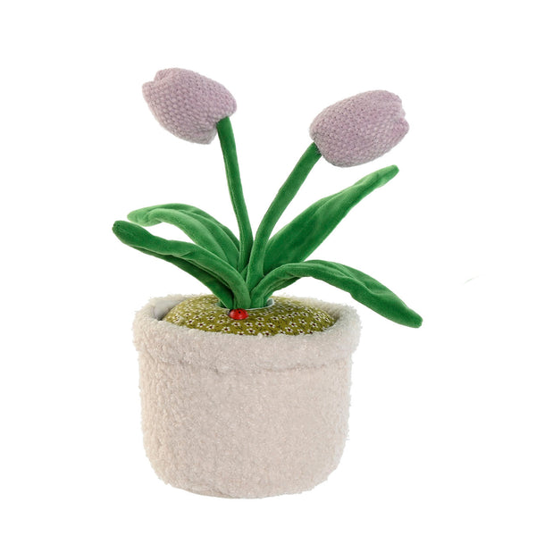 Sujetapuertas en forma de maceta con tulipanes de tela malva en textura borreguito – Brocantia